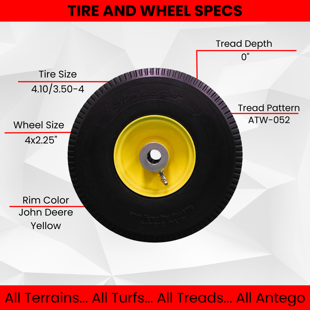 4.10/3.50-4 (10") Urethane Flat Free Wheel & Tire Assembly/Sawtooth tread (Qty: 1) , 4-1/4" Hub with 3/4" bore. Replaces Toro 105-3471 & others