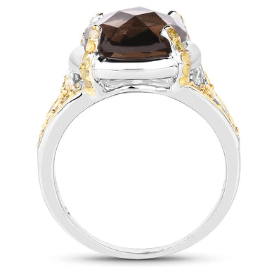 3.28 Carat Genuine Smoky Quartz and Yellow Diamond .925 Sterling Silver Ring - 0