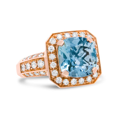18K Rose Gold 10x10mm Cushion Shaped Aquamarine and 1 1/8 Cttw Round Diamond Halo Ring (F-G Color, VS1-VS2 Clarity) - Ring Size 6.5 - 0