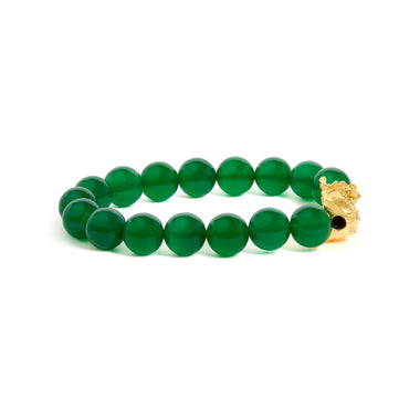 18K Yellow Gold Green Agate Beaded Bracelet with Dragon Charm - 0