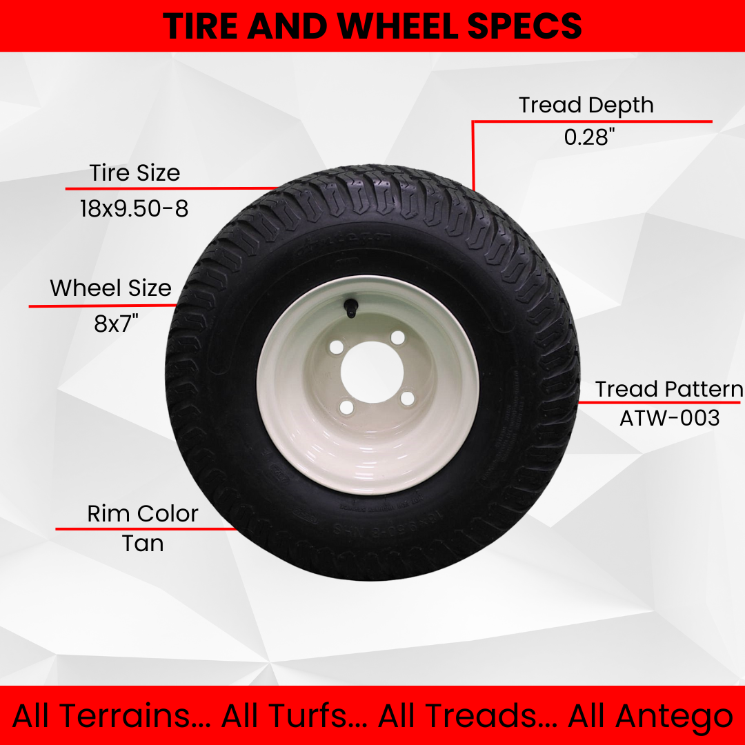 (Set of 4) Beige/Tan Steel Wheels with 18x9.50-8 4 Ply Turf Tires for Golf Cart and Lawn and Garden Equipment.