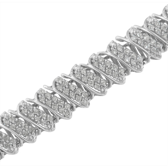 .925 Sterling Silver 3.0 Cttw Diamond Multi Row Cluster Slanted Wave Link 7-Â¼â€ Tennis Bracelet (I-J Color, I2-I3 Clarity)