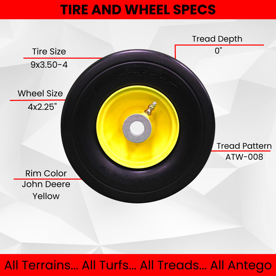 9x3.50-4 Flat Free Tire and Wheel Assemblies - Fits John Deere 38",48", 54"" AM115510, 4" Hub, 3/4" Caged Roller Bearings (Set of 2).