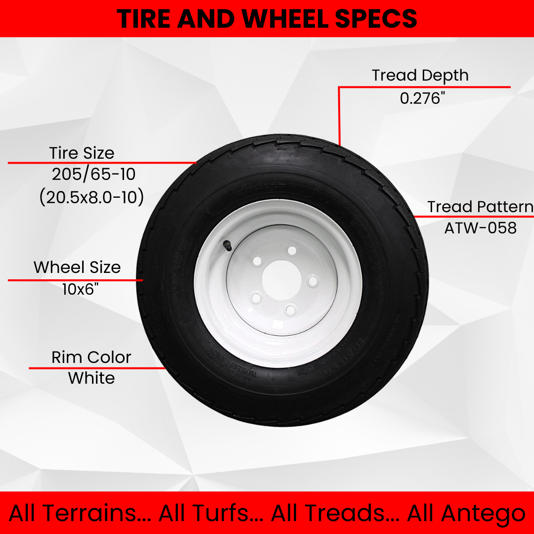 (Qty: 1) 205/65-10 20.5x8.0-10 10 ply Load Range E Super Durable Antego Trailer Tire Wheel Assy - 5 Lug White Rim