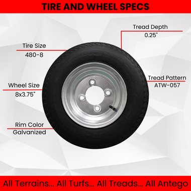 2-Pack Antego Trailer Tire On Rim 480-8 4.80-8 Load C 4 Lug Galvanized Wheel.