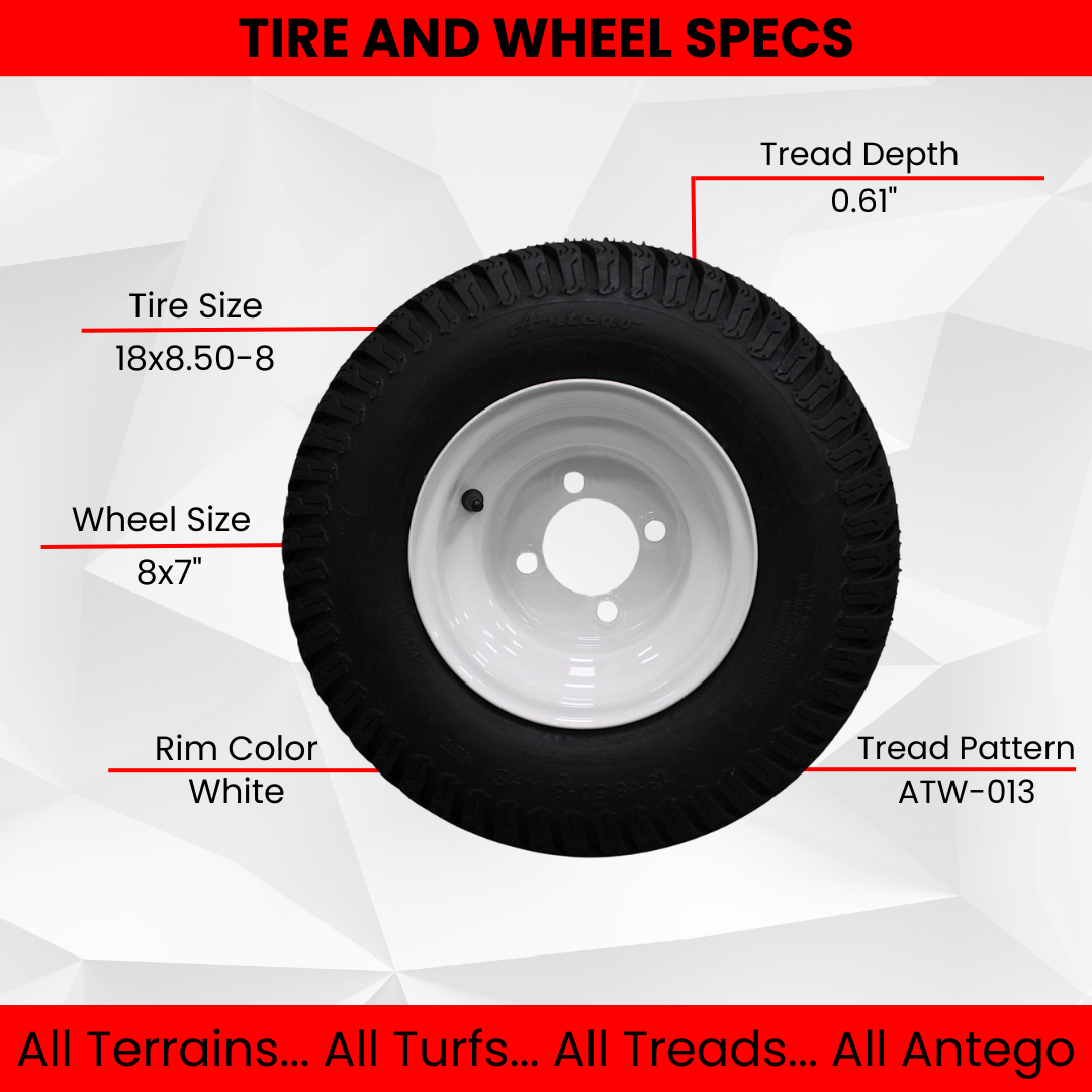 18x8.50-8 Turf Tires on 8x7 White Steel Wheels Compatible with Golf Carts and Mowers (Compatible with Toro Grandstand) (Set of 2).