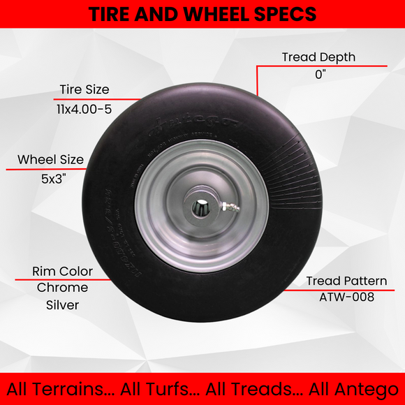 Hustler Flat Free 11x4.00-5 Assemblies - Replaces 605113, 607009.  Fits Raptor and Sport (Set of Two).