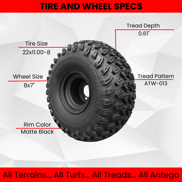 22x11.00-8 with 8x7 Matte Black Wheels for Golf Cart (Set of 4).