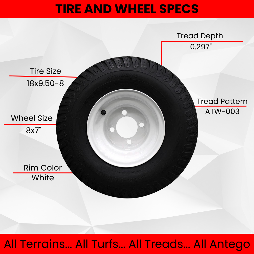 (Set of 4) White Steel Wheels with 18x9.50-8 4 Ply Turf Tires for Golf Cart and Lawn and Garden Equipment.