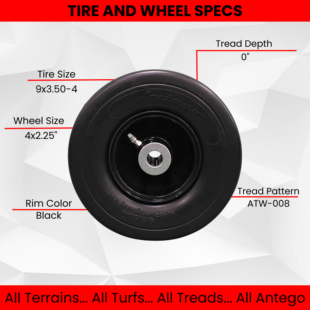 9x3.50-4 Flat Free Tire and Wheel Assemblies - Fits ExMark 103-1224, 4.5" Hub, 3/4" Caged Roller Bearings (Set of 2).