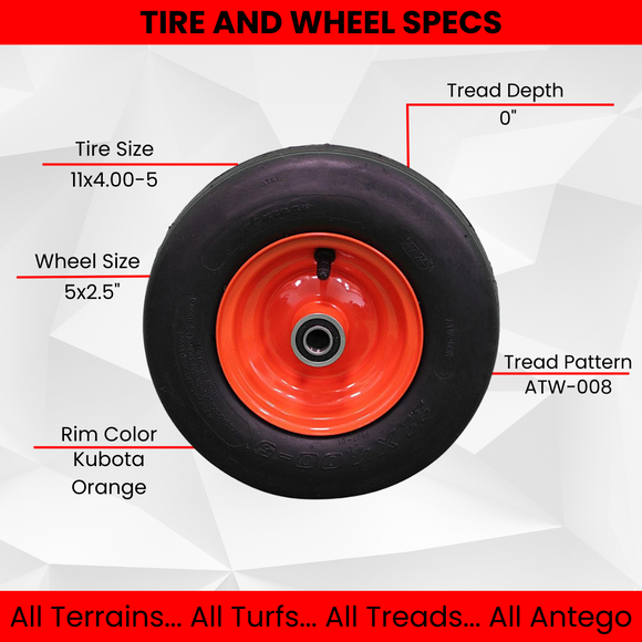 11x4.00-5 Tires & 5.25 Kubota Orange Wheels 4 Ply for Lawn & Garden Mower (Set of 2).