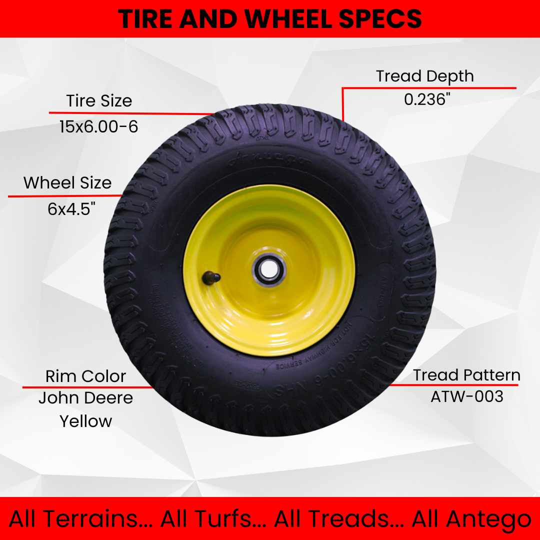 15×6.00-6 4 Ply Tires with 6×4.5 John Deere Wheels .75″ Bearing (Set of 2 Assemblies).