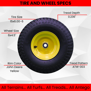 15×6.00-6 4 Ply Tires with 6×4.5 John Deere Wheels .75″ Bearing (Set of 2 Assemblies).