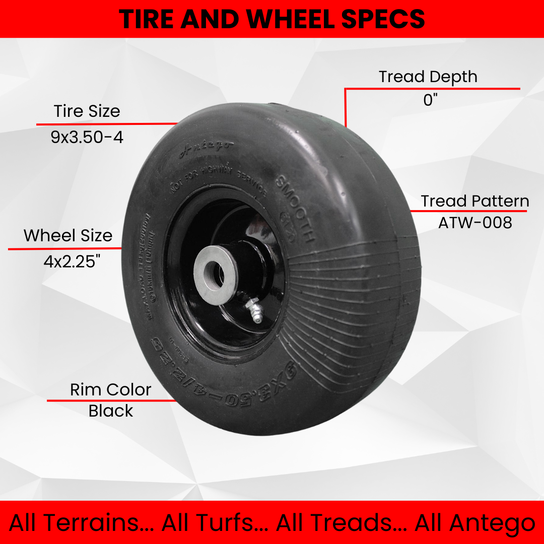 9x3.50-4 Flat Proof, Smooth Semi Pneumatic with Black Wheel (Set of 2) Replacement for ARIENS and Gravely.