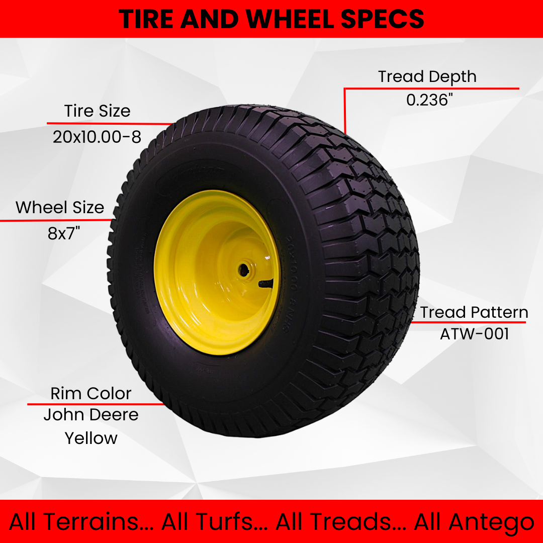 20x10.00-8 Tires with 8x7 John Deere Yellow Wheels 2 Ply for Lawn & Garden Mower Turf Tires (Set of 2).