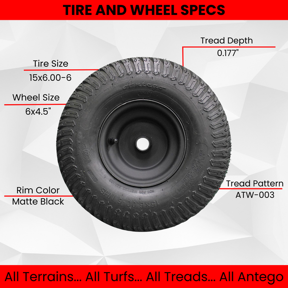 (Set of 2) Matte Black Universal Fit 15x6.00-6 Tires & Wheels 4 Ply for Lawn & Garden Mower Turf Tires .75" Bearing (ATW-003).