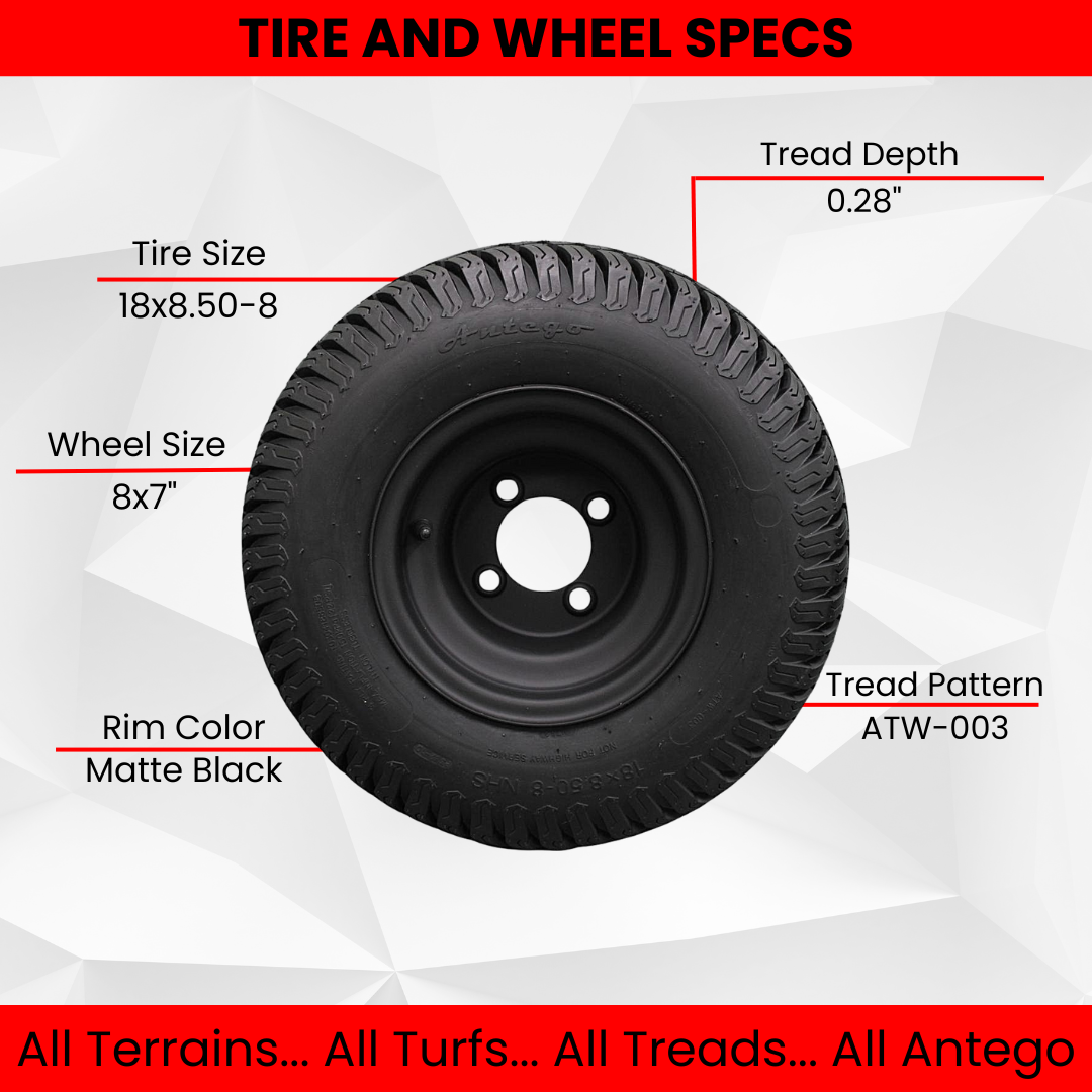 18x8.50-8 Turf Tires and 8x7 Matte Black Alloy Steel Wheels for Golf Carts and Mowers (Set of 2).