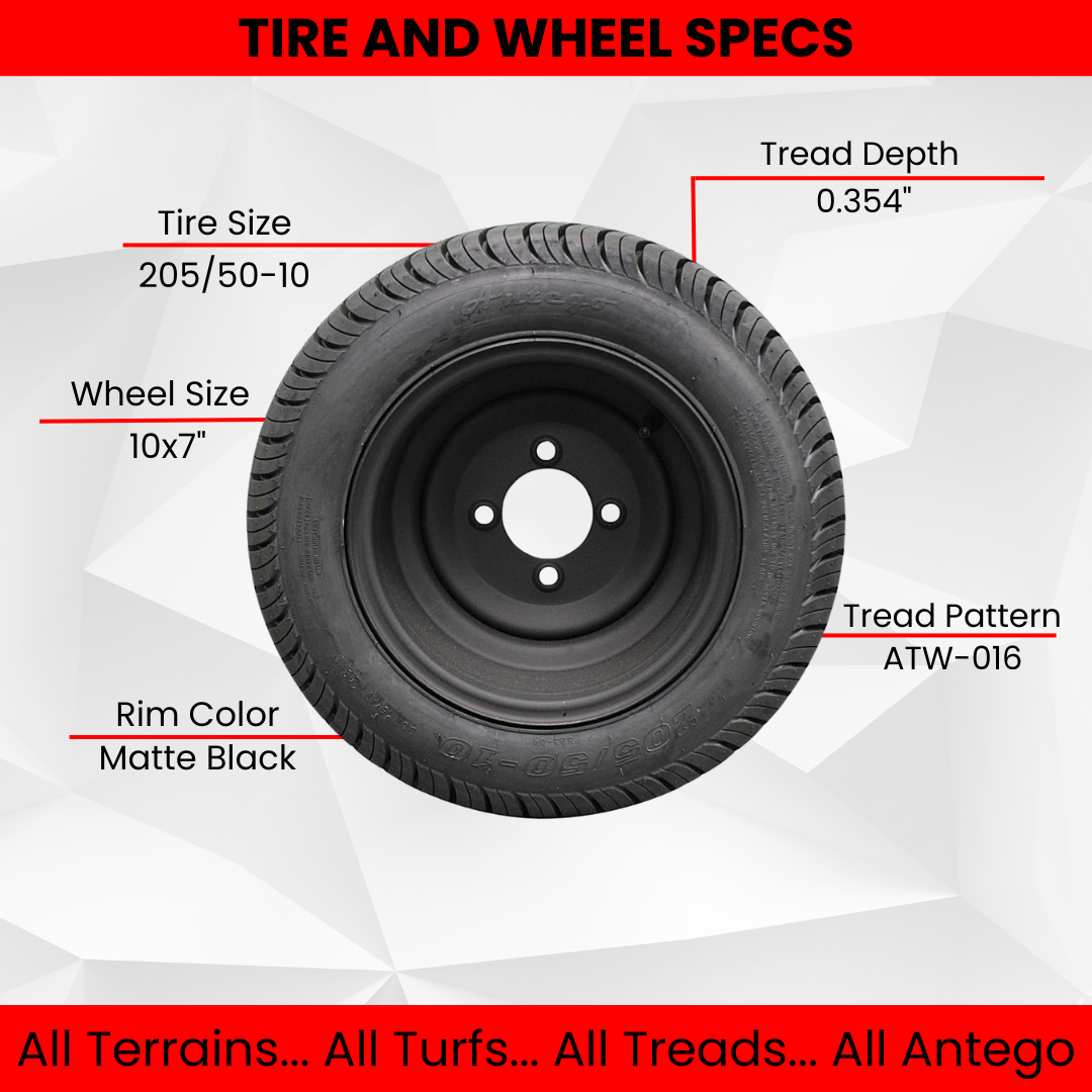 205/50-10 with 10x7 Matte Black Wheels for Golf Cart (Set of 4).