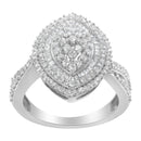 .925 Sterling Silver 1.0 Cttw Round & Baguette-Cut Diamond Marquise-Shaped Cluster Triple Stepped Halo Cocktail Fashion Ring (I-J Color, I2-I3 Clarity) - Size 7-2