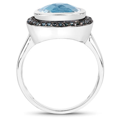 5.23 Carat Genuine Swiss Blue Topaz and Black Diamond .925 Sterling Silver Ring - 0