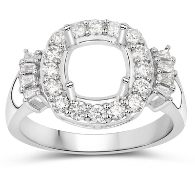 0.73 Carat Genuine White Diamond 14K White Gold Semi Mount Ring - holds 8x8mm Cushion Gemstone - 0