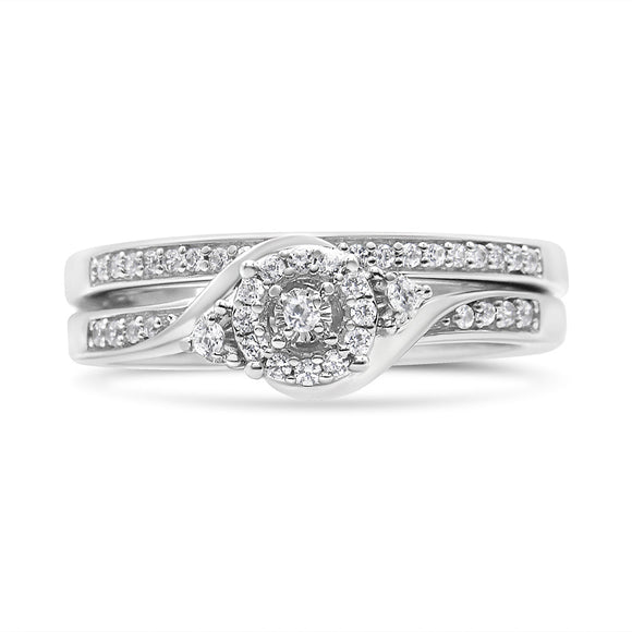 .925 Sterling Silver 1/4 Cttw Diamond Halo and Swirl Engagement Ring and Wedding Band Set (I-J Color, I3 Clarity)- Ring Size 7