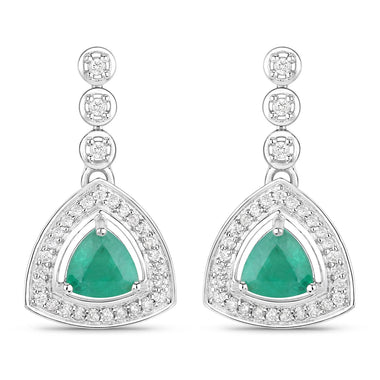 1.39 Carat Genuine Zambian Emerald and White Diamond 14K White Gold Earrings