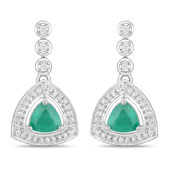 1.39 Carat Genuine Zambian Emerald and White Diamond 14K White Gold Earrings