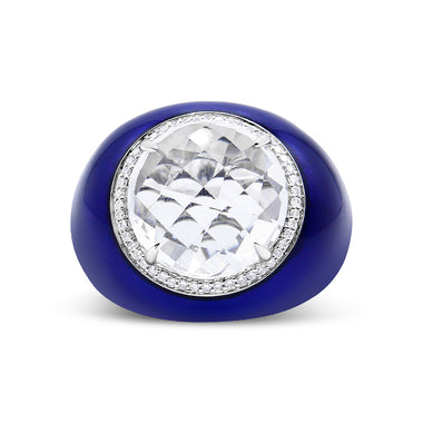 18K White Gold 14mm White Quartz and 1/5 Cttw Diamond Halo with Blue Enamel Dome Ring (F-G Color, VS1-VS2 Clarity) - Ring Size 7