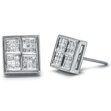 14K White Gold 1/2 Cttw Princess Diamond Composite Box Shape Milgrain Stud Earrings (H-I Color, SI1-SI2 Clarity) - 0