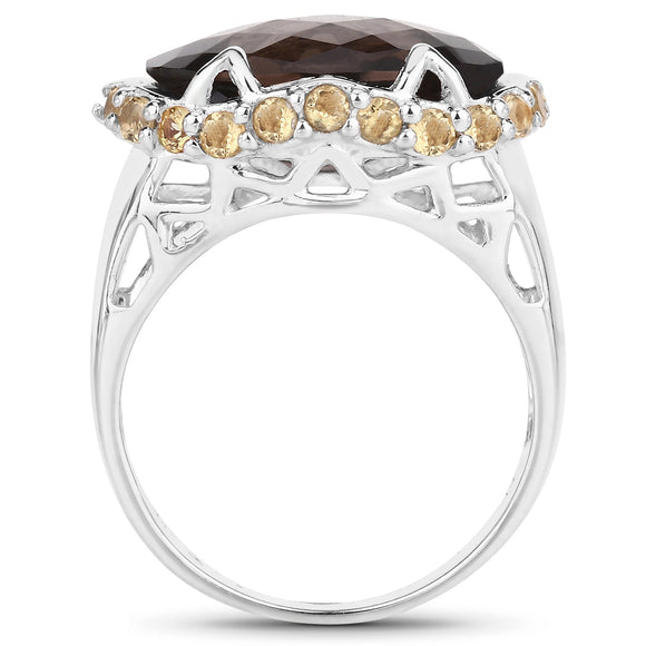 9.58 Carat Genuine Smoky Quartz and Citrine .925 Sterling Silver Ring