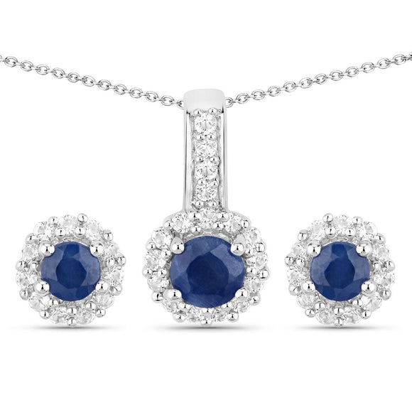 2.17 Carat Genuine Blue Sapphire and White Topaz .925 Sterling Silver Jewelry Set