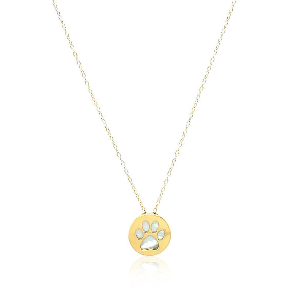 14k Yellow Gold Necklace with Dog Paw Print Symbol in Mother of Pearl
