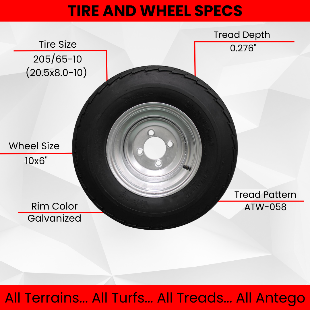 (Set of 2) 205/65-10 20.5x8.0-10 10 ply Load Range D super durable Antego Trailer Tire Wheel Assy - 4 Lug Galvanized Rim.