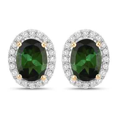1.92 Carat Genuine Green Tourmaline and White Diamond 14K Yellow Gold Earrings
