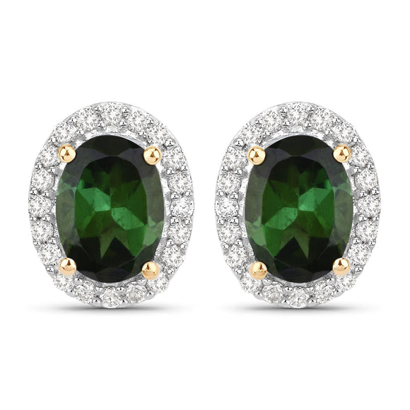 1.92 Carat Genuine Green Tourmaline and White Diamond 14K Yellow Gold Earrings