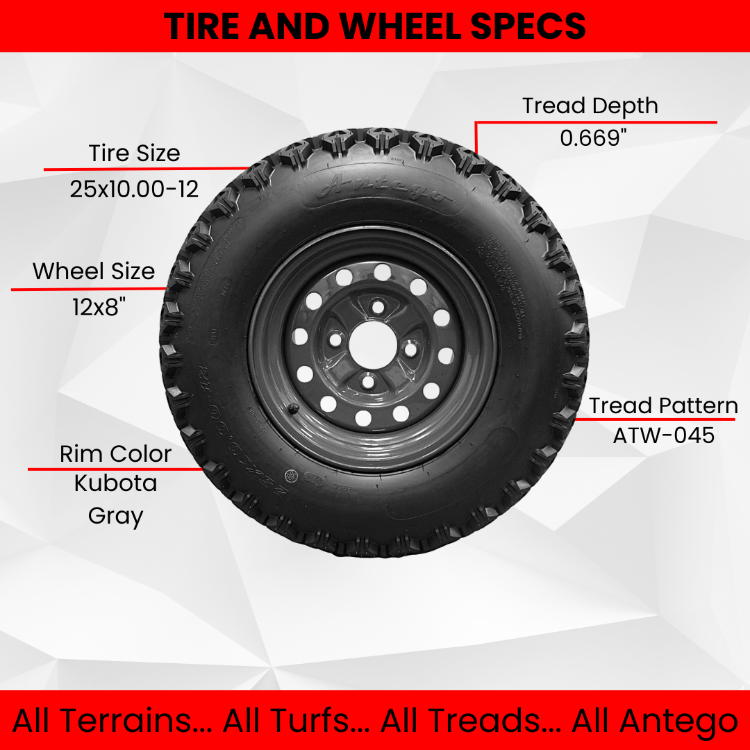 (Qty:1) 25x10.00-12 tire with 4 Hole wheel for Kubota RTV’s 900, 1100, 1140 UTV’s Assy 6 Ply ATW-045.