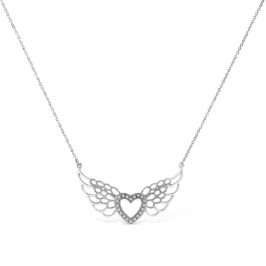 .925 Sterling Silver Pave-Set Diamond Accent Fairy Wing 18" Heart Pendant Necklace (I-J Color, I1-I2 Clarity) - 0