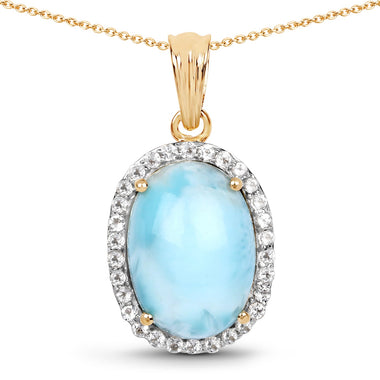 14K Yellow Gold Plated 13.55 Carat Genuine Larimar and White Topaz .925 Sterling Silver Pendant - 0