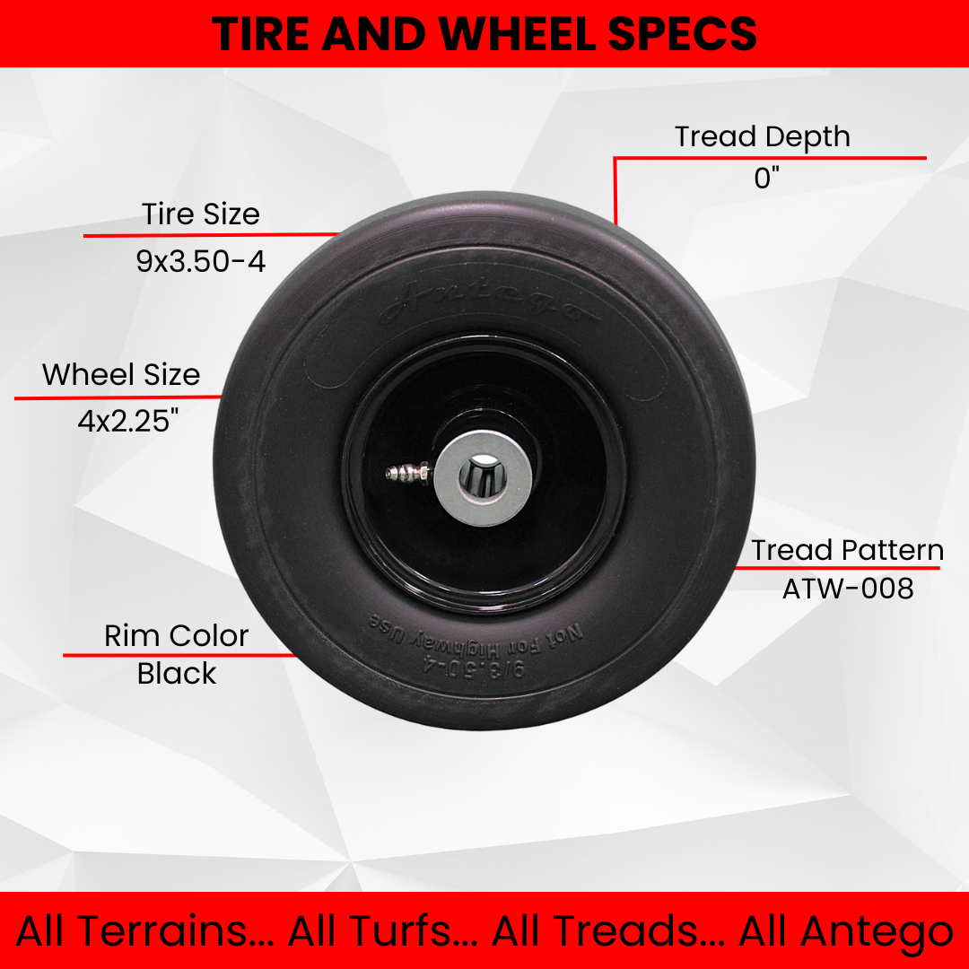 9x3.50-4 Flat Free Tire and Wheel Assemblies - Fits GRAVELY 45205, 3.25" Hub, 3/4" Caged Roller Bearings (Set of 2).