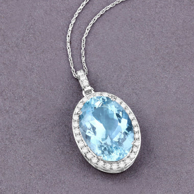 9.59 Carat Genuine Aquamarine and White Diamond 14K White Gold Pendant - 0