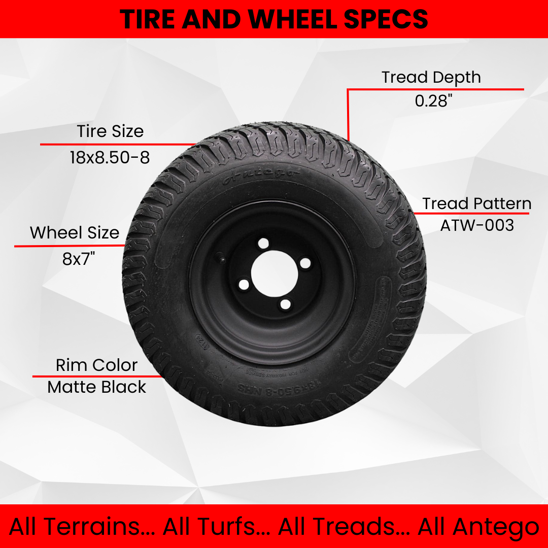 (Set of 4) Matte Black Wheels with 18x9.50-8 4 Ply Turf Tires for Golf and Lawn and Garden Equipment.