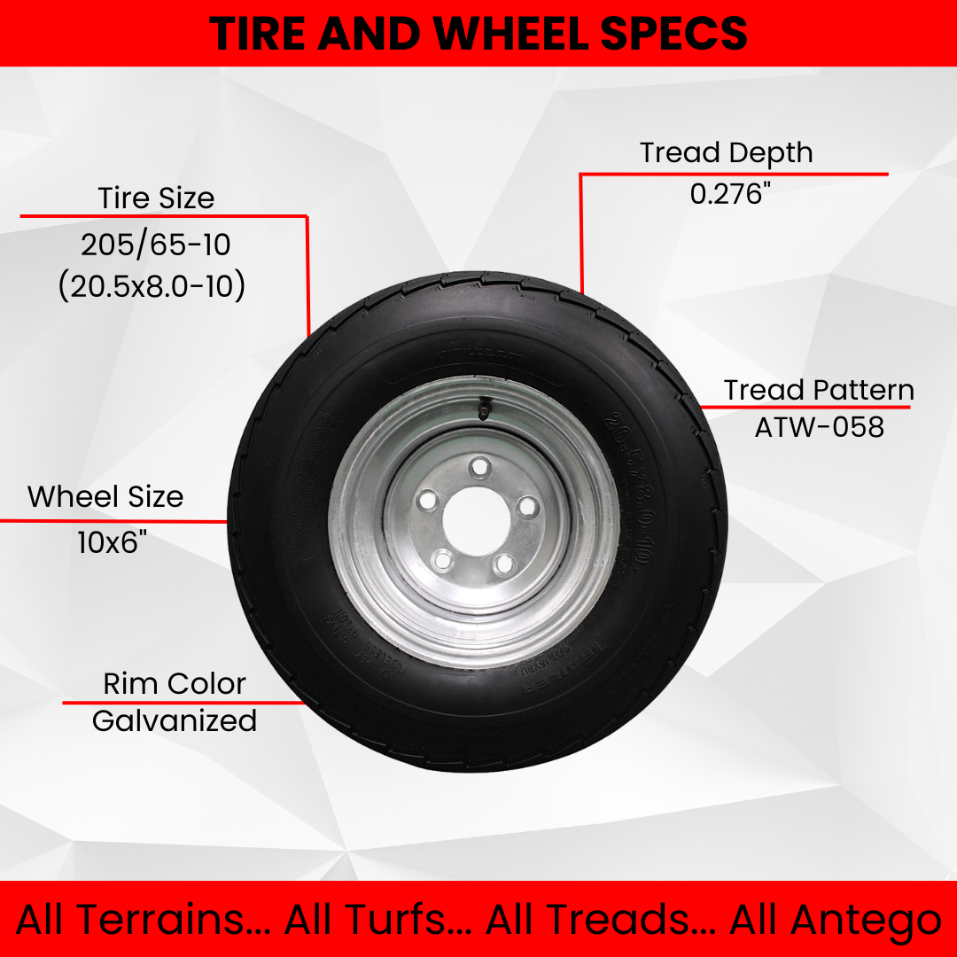 205/65-10 20.5x8.0-10 10 ply Load Range E Super Durable Antego Trailer Tire Wheel Assy - 5 Lug Galvanized Rim (Set of 2).