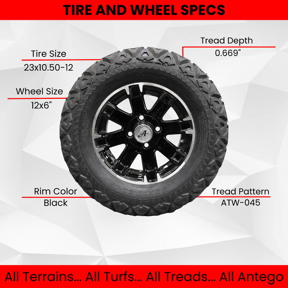 23x10.50-12 with 12x6 Black Aluminum Wheels for Golf/ATV/UTV (Set of 4).