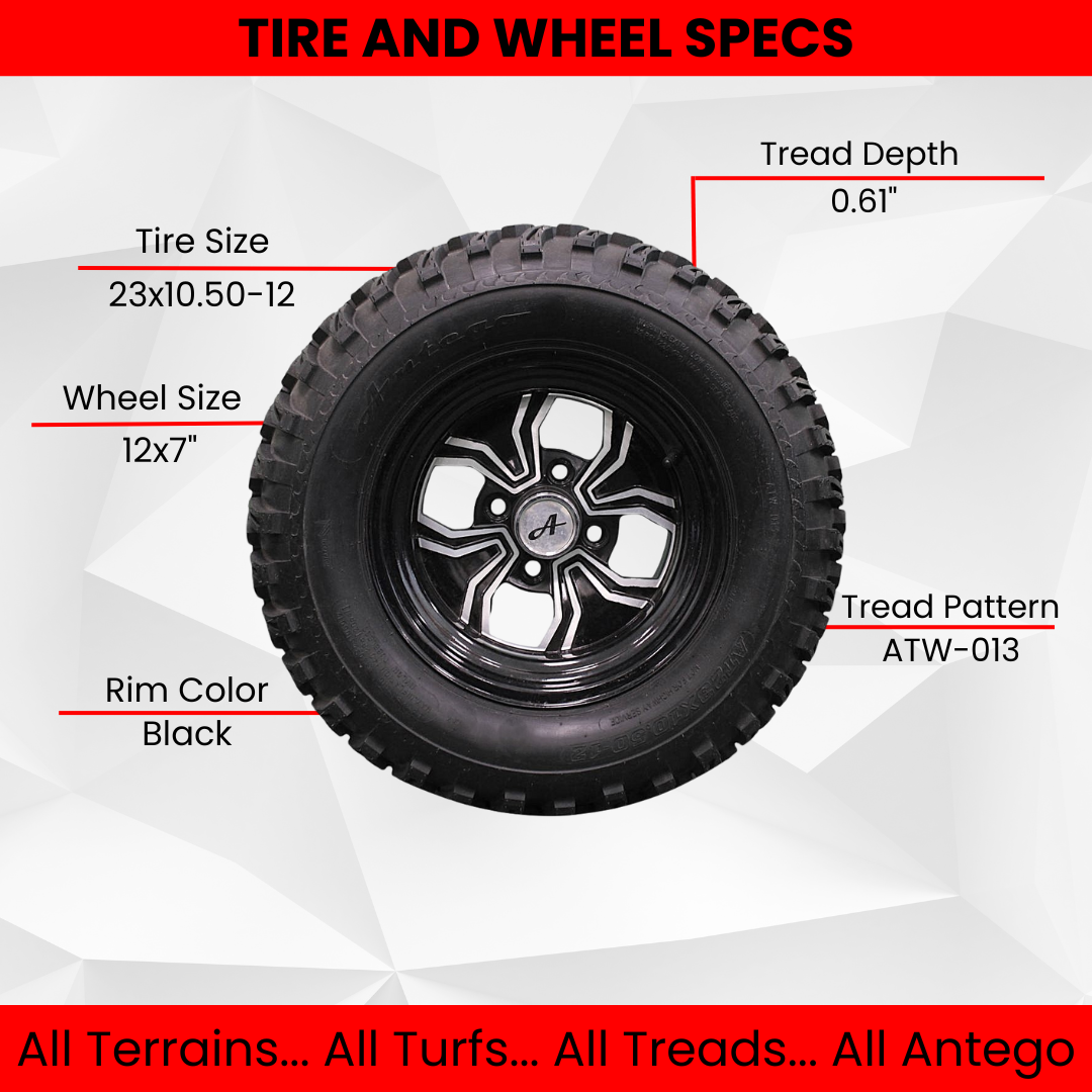 (Set of 4) 23x10.50-12 ATW-013 with 12x7 Black Fusion Golf Tire and Wheel Assemblies.