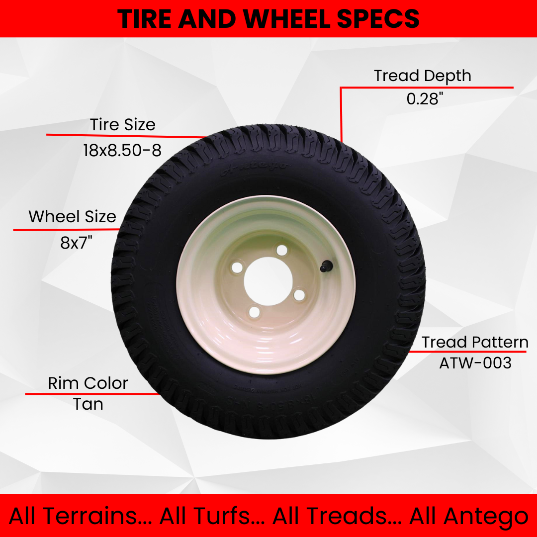 18X8.50-8" Turf Tires 4 Ply with 8x7 Beige/Tan Steel Golf Cart Wheel Assemblies ATW-003 (Set of 4).