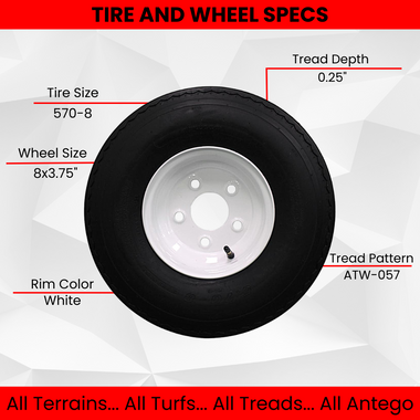 Antego 2-Pack Trailer Tire On Rim 570-8 5.70-8 Load C 5 Lug White Wheel.