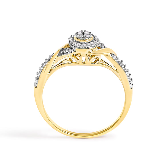 10K Yellow Gold 1/10 Cttw Diamond Swirl and Halo Promise Ring (I-J Color, I3 Clarity) - Size 7