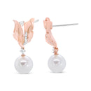 14K Rose Gold 1/6 Cttw Round Diamond and 8mm Round Pearl Floral Drop Stud Earrings (H-I Color, I1-I2 Clarity)-4
