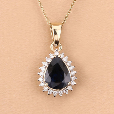 2.09 Carat Genuine Blue Sapphire and White Diamond 14K Yellow Gold Pendant - 0
